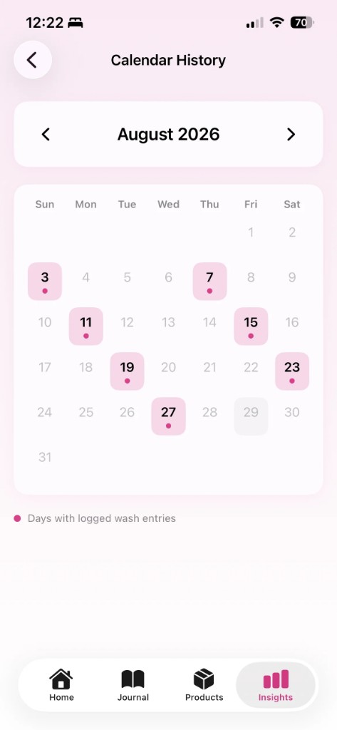 Tressly Calendar History with wash days marked on August 2026
