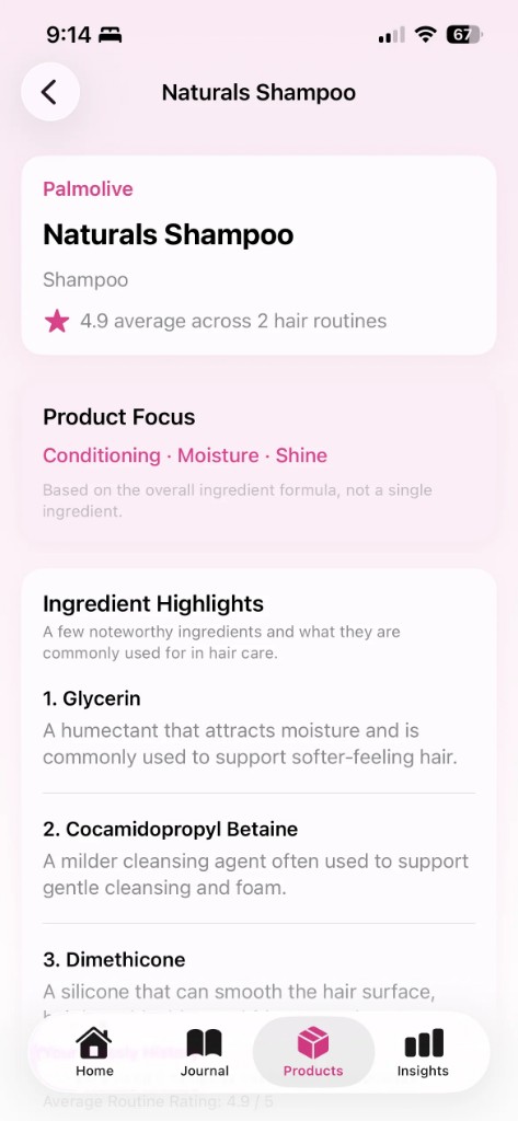 Tressly product screen for Palmolive Naturals Shampoo with Product Focus and Ingredient Highlights