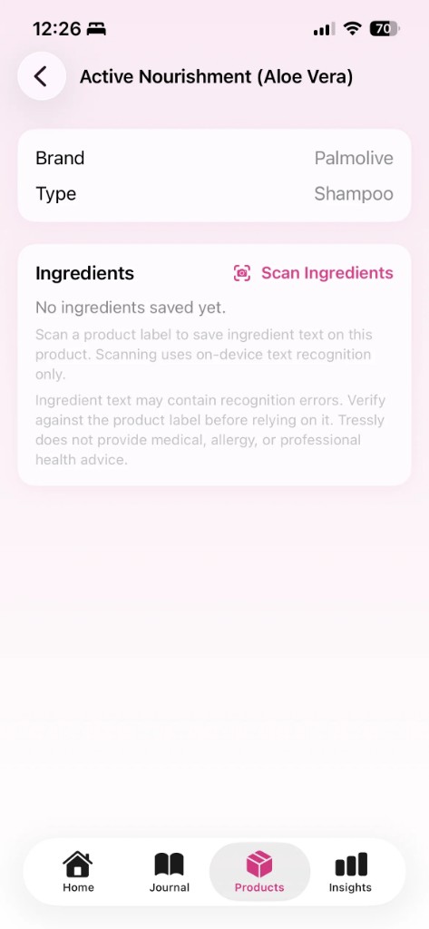 Tressly product page with Scan Ingredients using on-device text recognition