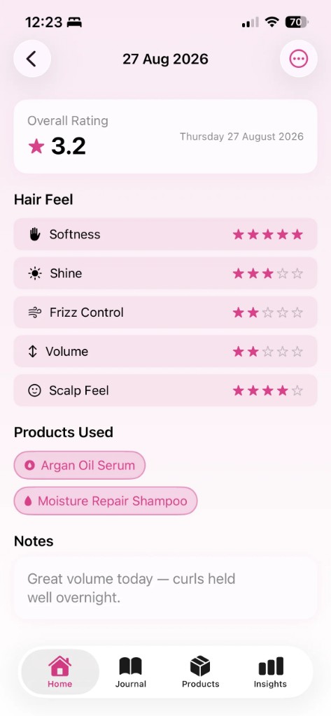 Wash day entry with overall rating, hair-feel stars, products used, and notes